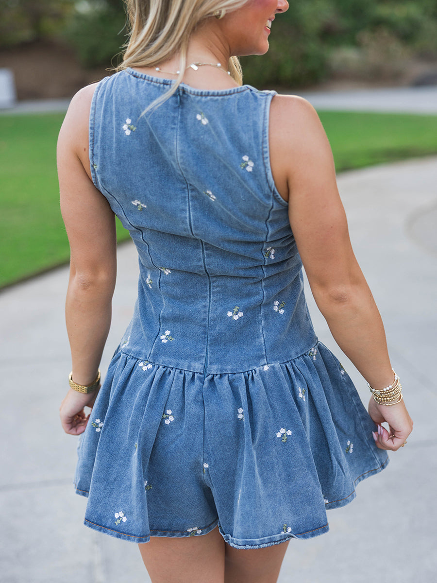 Embroidered Denim Drop Waist Romper