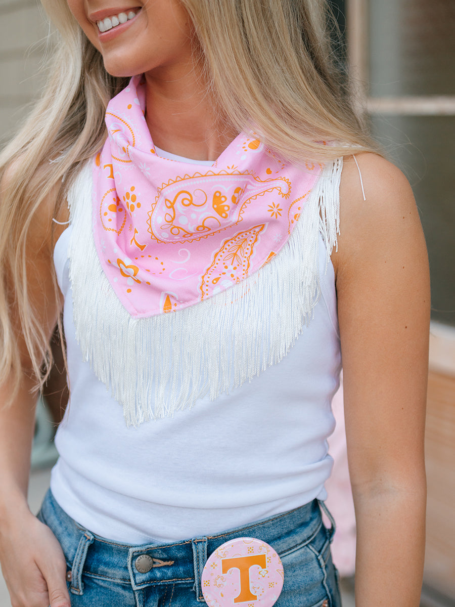 pink and orange paisley bandana