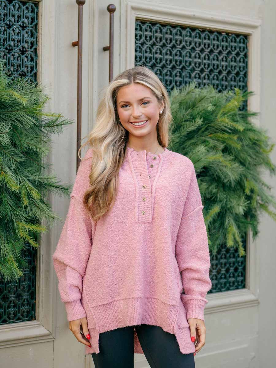 Fuzzy Pink Henley Pullover