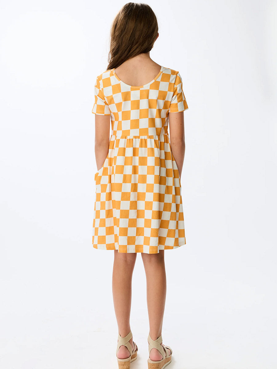 Girls Orange and White Checkerboard Dress
