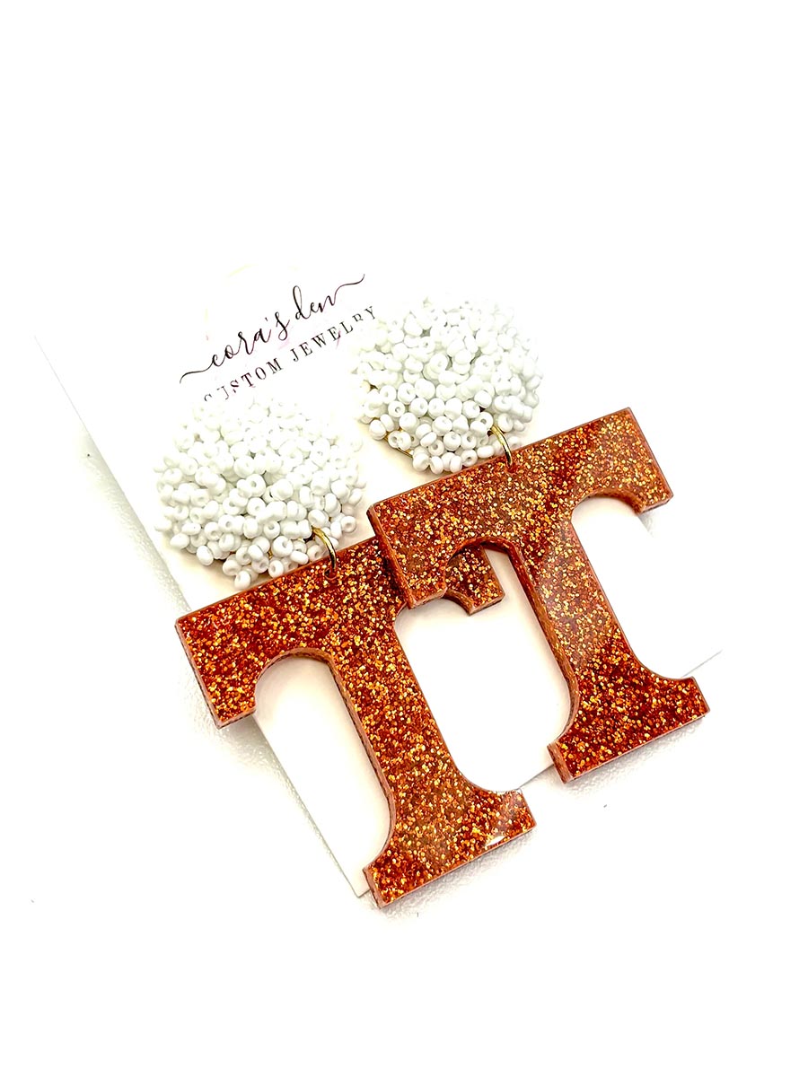 Orange Glitter Power T Earrings