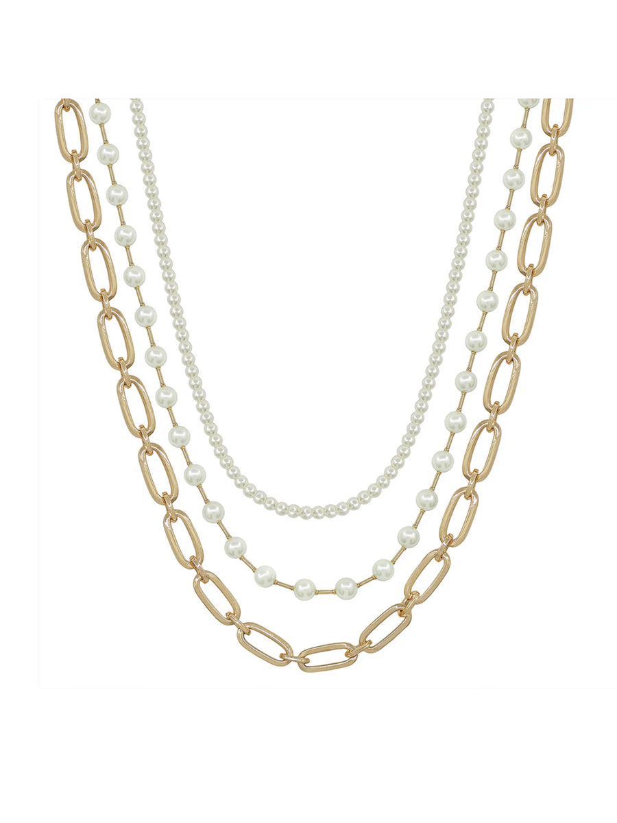 Gold Chain and Pearl Triple Layer Necklace