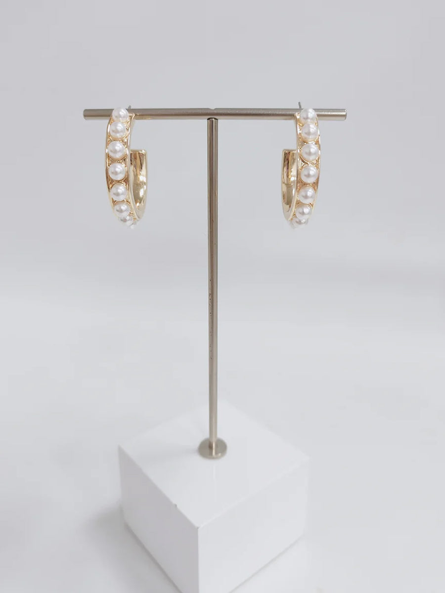 Gold pearl hoop earrings
