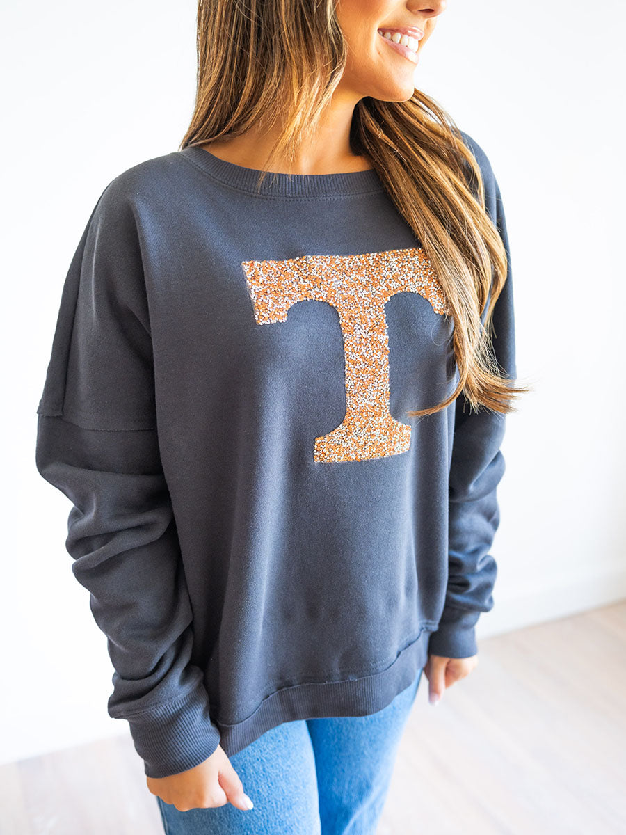 "Power T" Crystals Patch Charcoal Grey Crew Sweatshirt