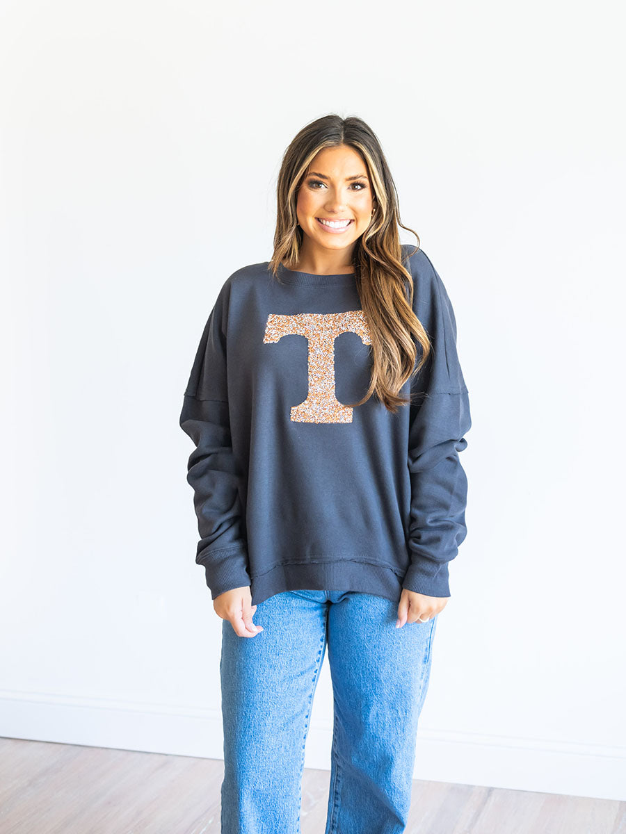 "Power T" Crystals Patch Charcoal Grey Crew Sweatshirt