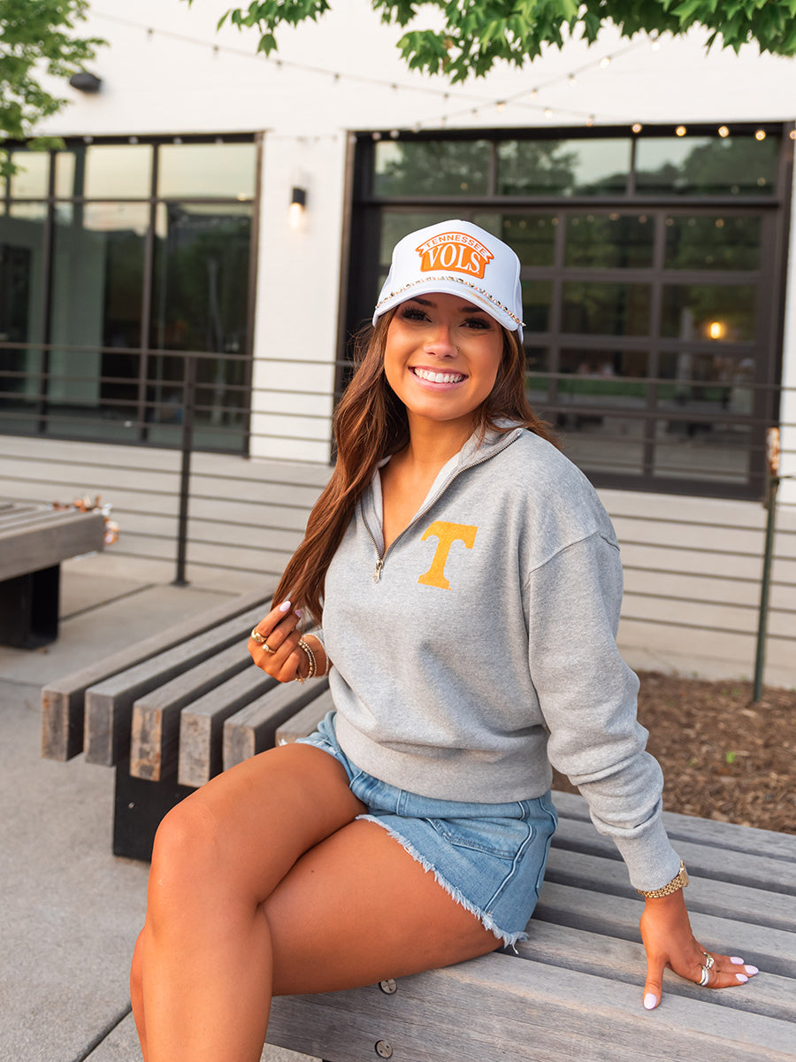 grey quarter zip cropped fleece with orange power t