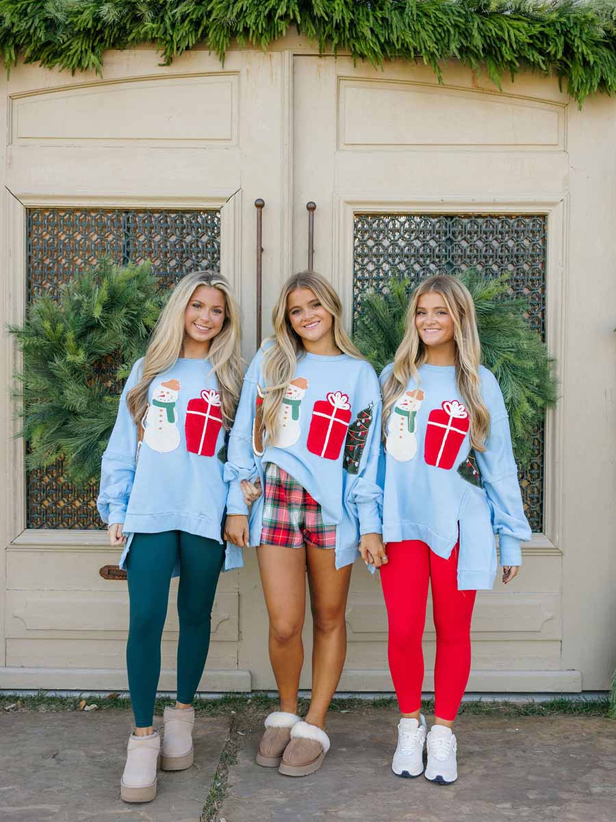 Light Blue Sweatshirt with Christmas Patches **Doorbuster**