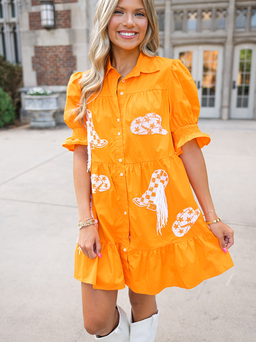 orange and white sequin boots and hats on orange dressSequin Boots and Hats Orange Dress