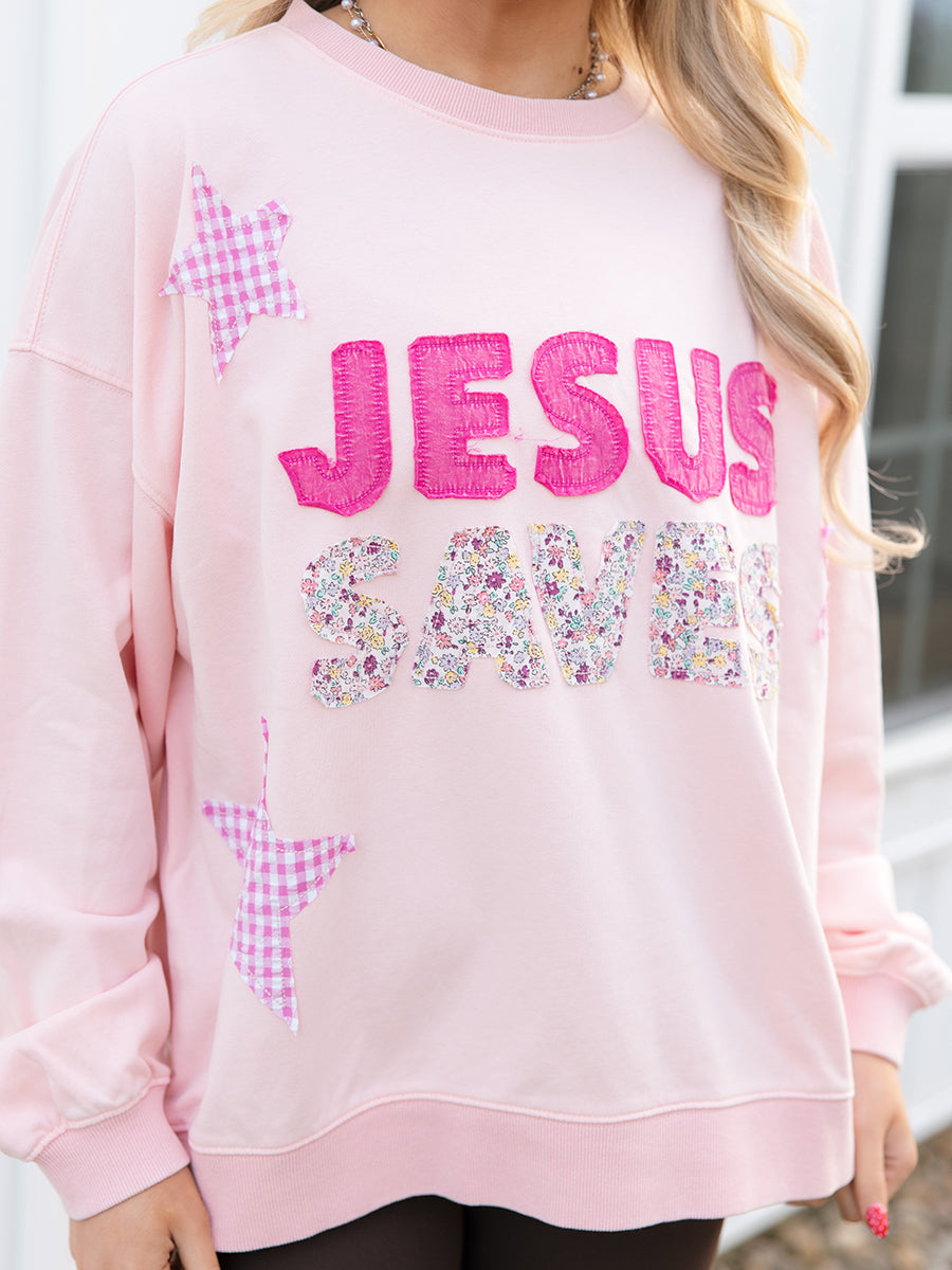 Jesus Saves Patchwork Sweatshirt, Light Pink
