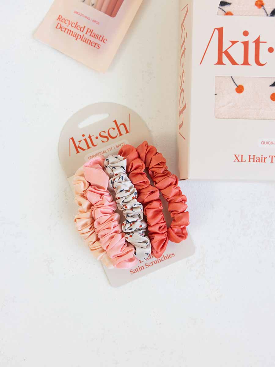 Kitsch Cherry Blossom Ruched Satin Scrunchies, 5pc Set