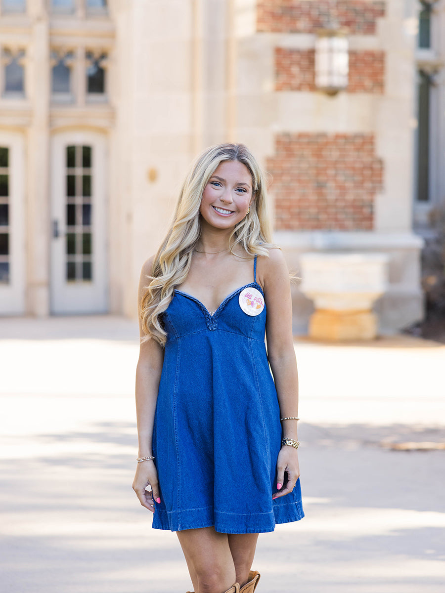Braided Neckline Denim Babydoll Dress