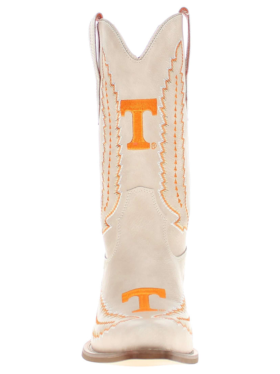 White cowboy boot with orange Power 'T'