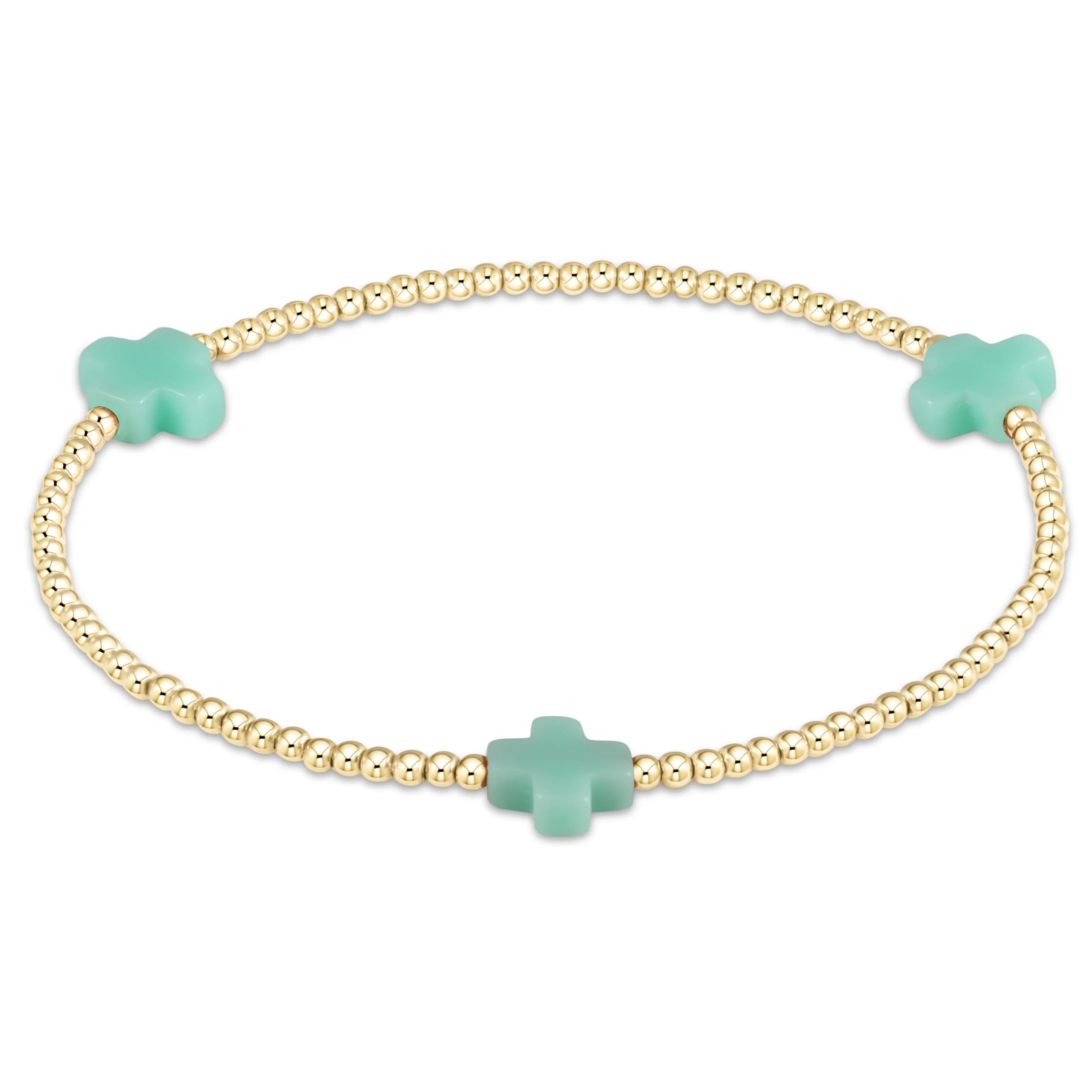 E-Newton Three Mint Green Cross Charms on Gold Beaded Bracelet