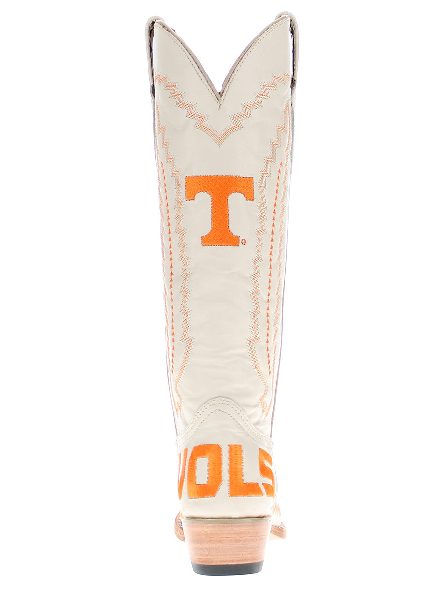 White cowboy boot with orange 'Vols' on heel