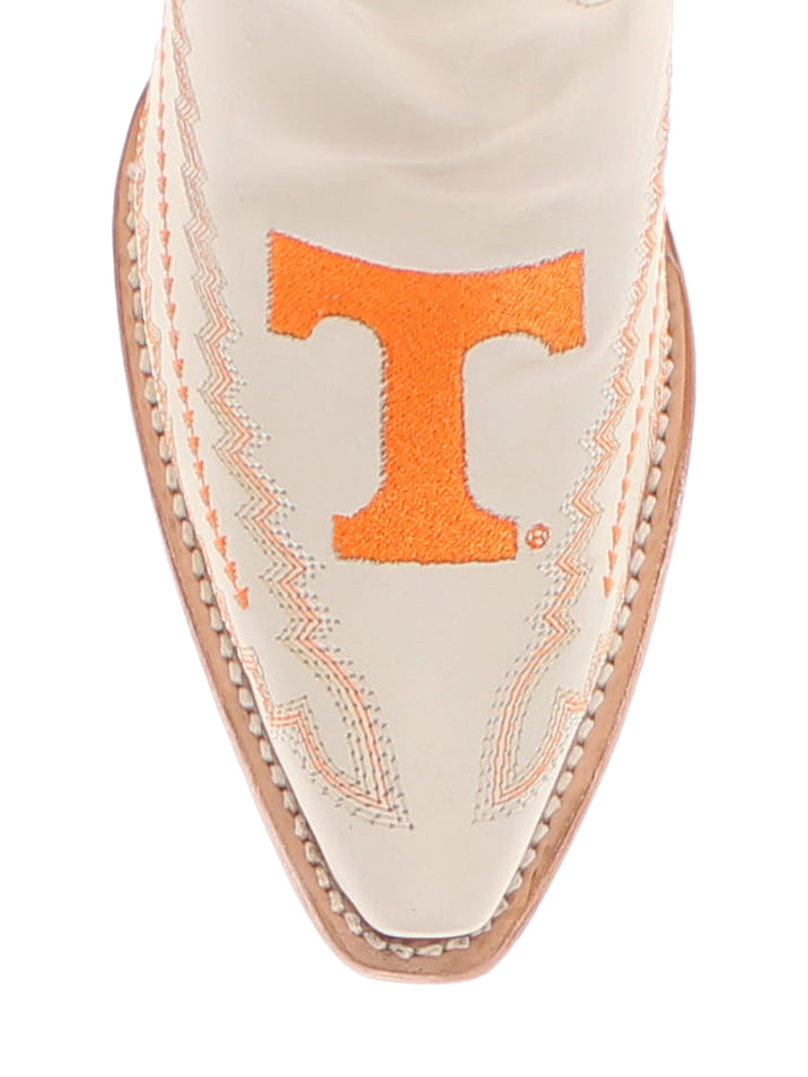 Orange Power 'T' on toe of white boot