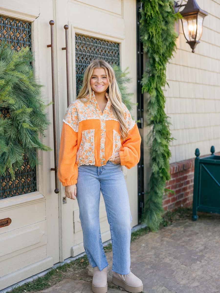 Orange Floral Teddy Sherpa Jacket **Doorbuster**