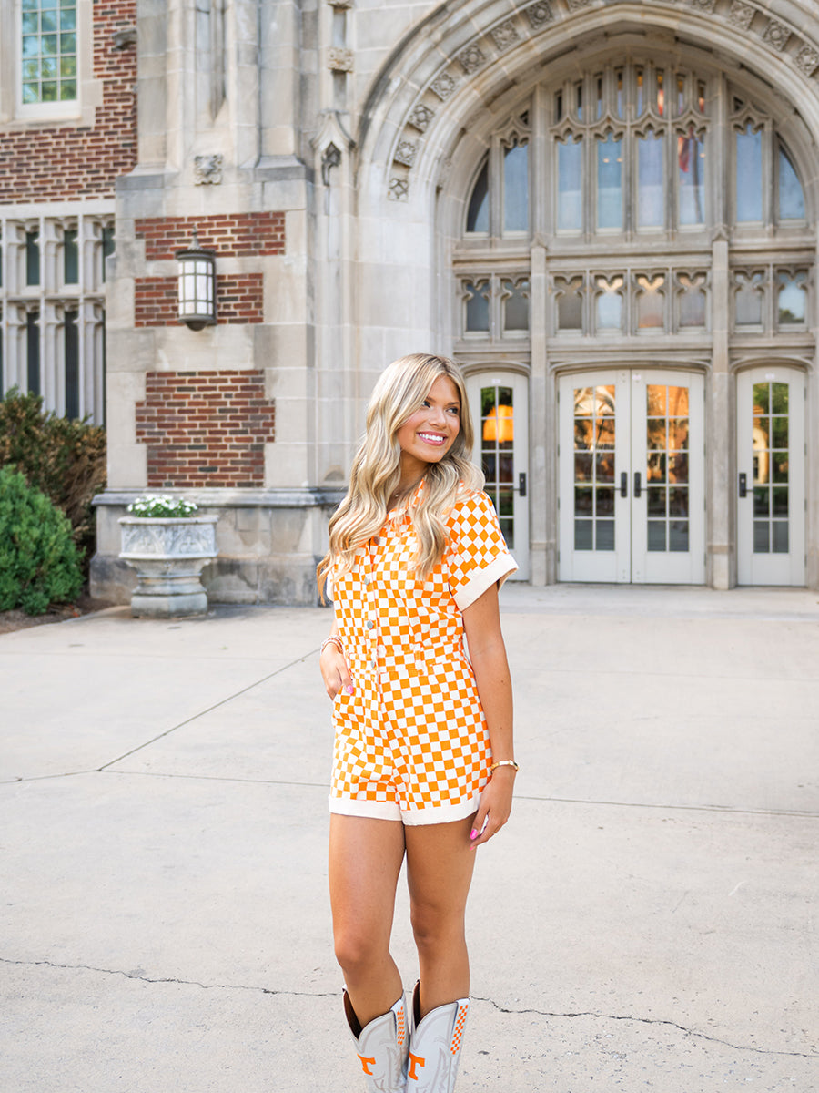Orange and White Game Day Checkerboard Romper