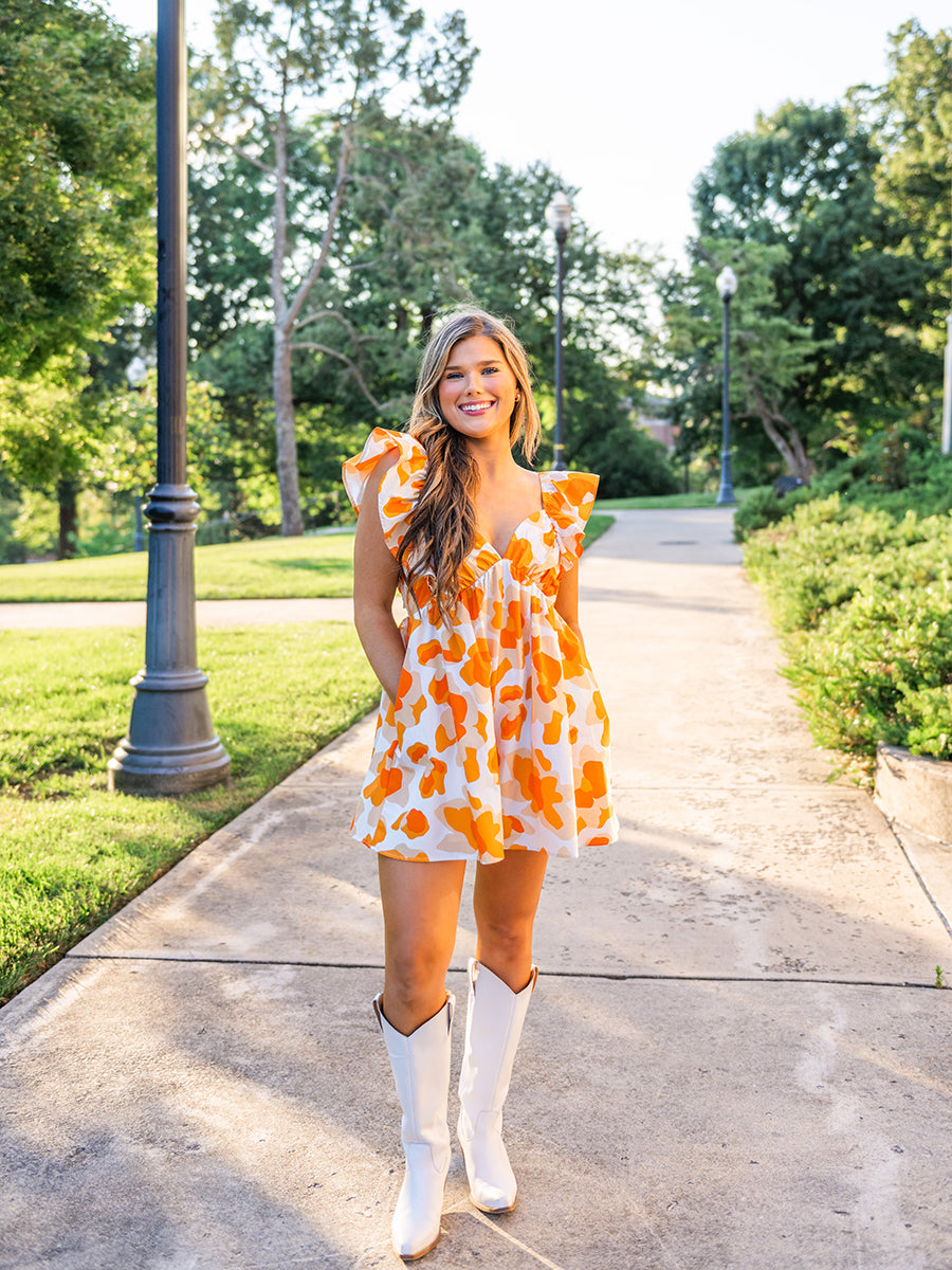Orange and White Big Floral Romper