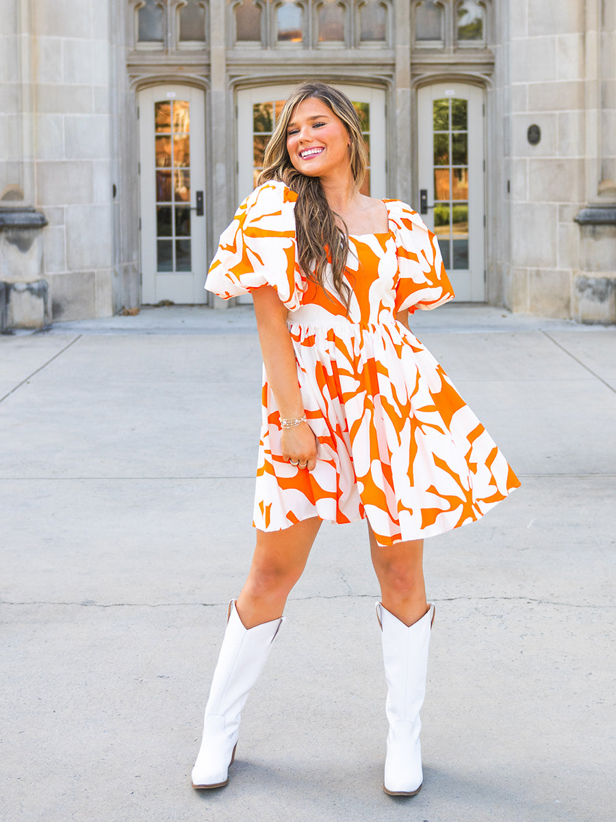 Orange and White Floral Babydoll Dress