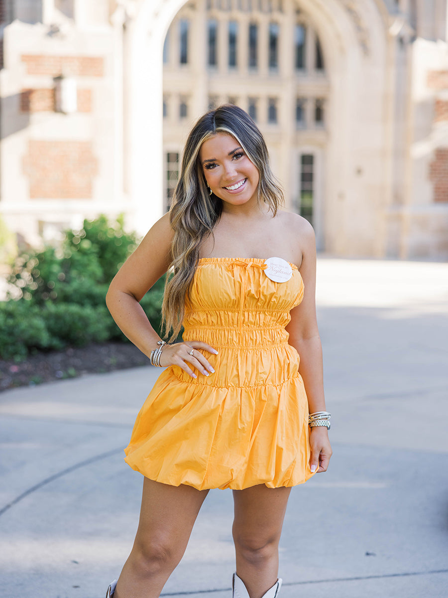 Orange Smocked Bubble Hem Dress