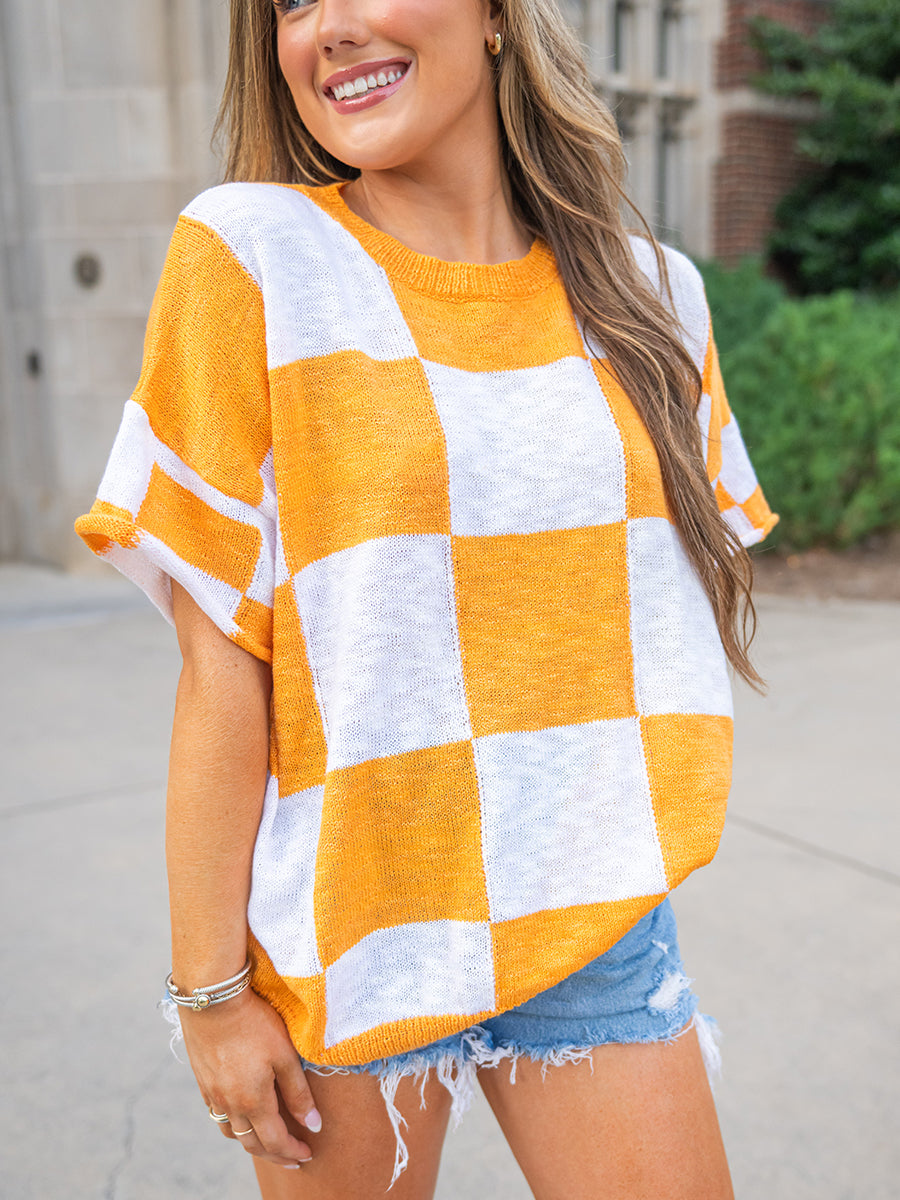 Orange Big Check Relaxed Sweater