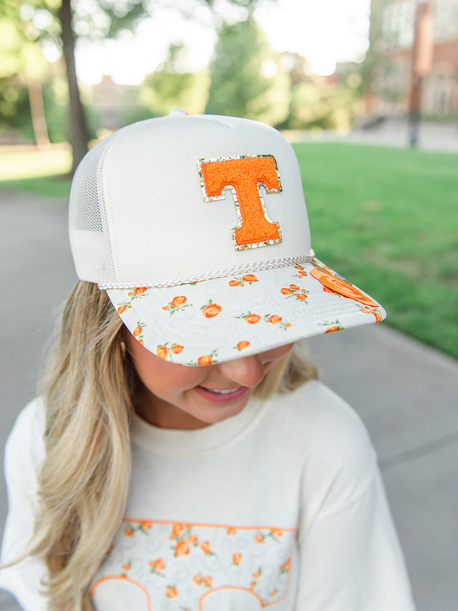 Tan Trucker Hat with Orange Floral Bill