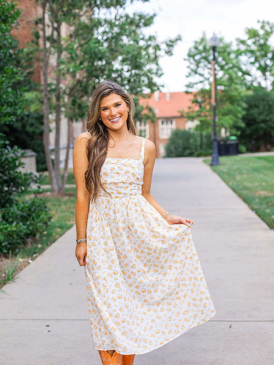 Orange Floral Print Midi Dress