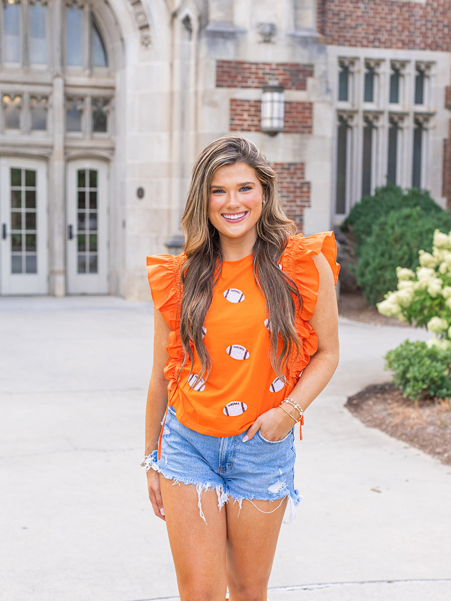 Orange Ruffle-Sleeve Sequin Football Top