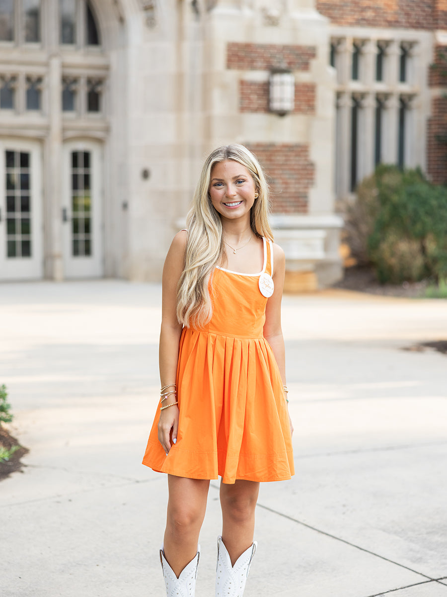 Orange and White Square Neck Pleated Dress