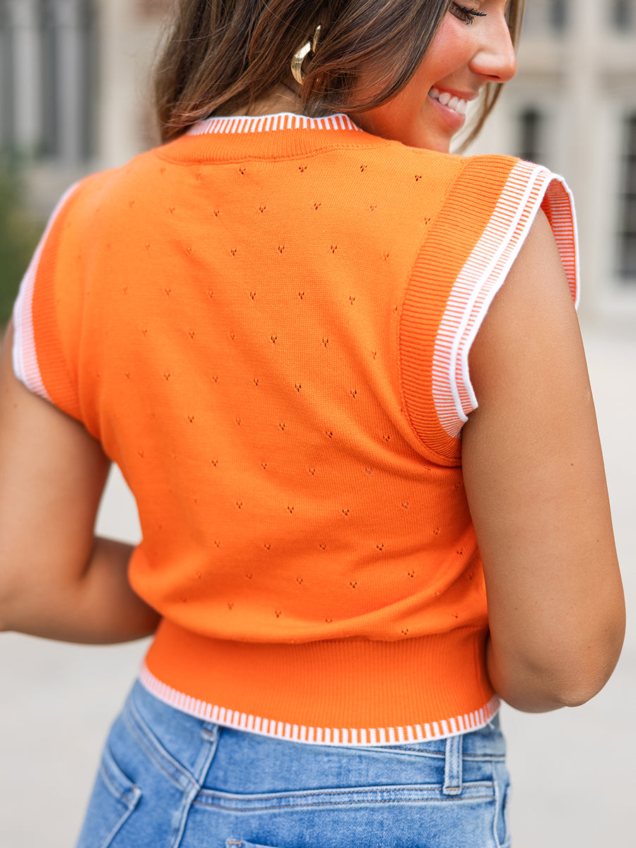 Embroidered Sleeveless Orange Knit Top