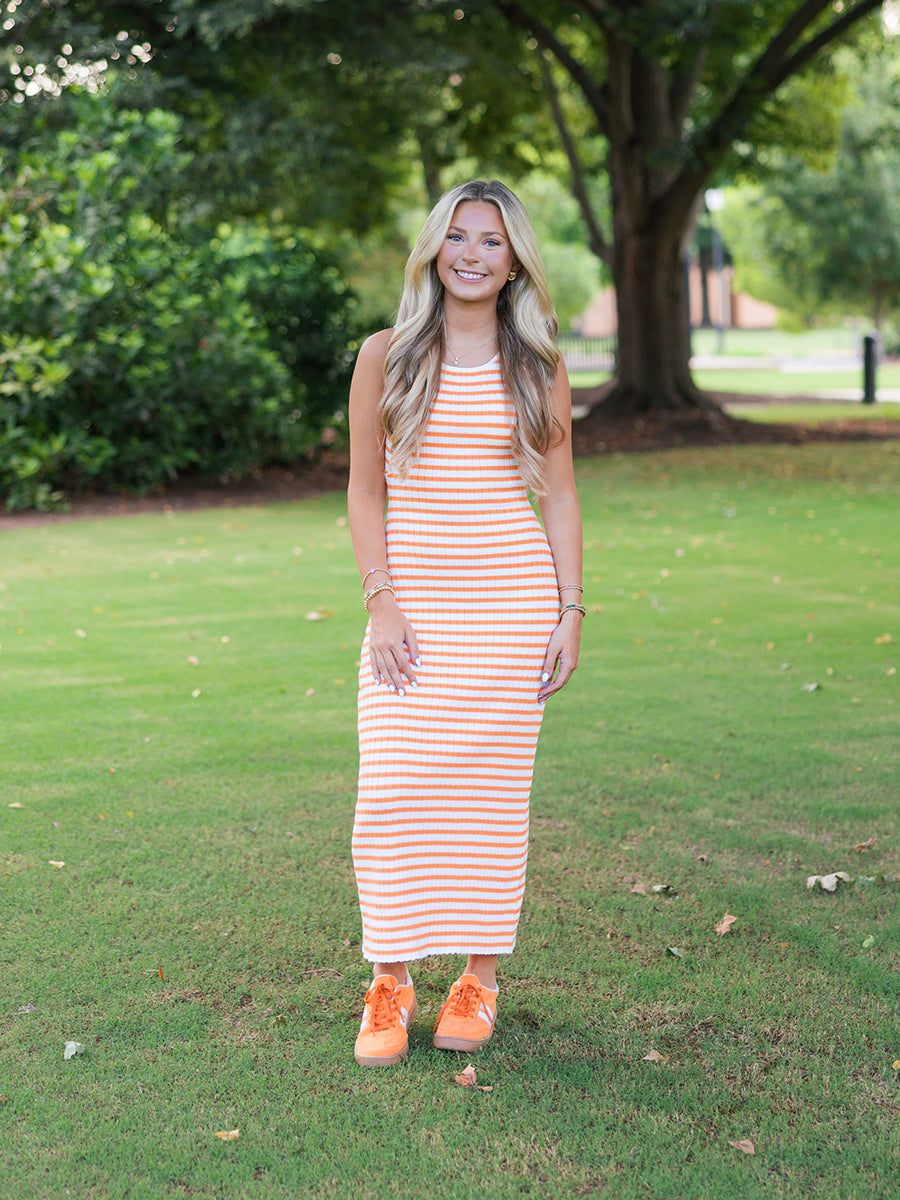 Orange & White Striped Ribbed Sweater Dress