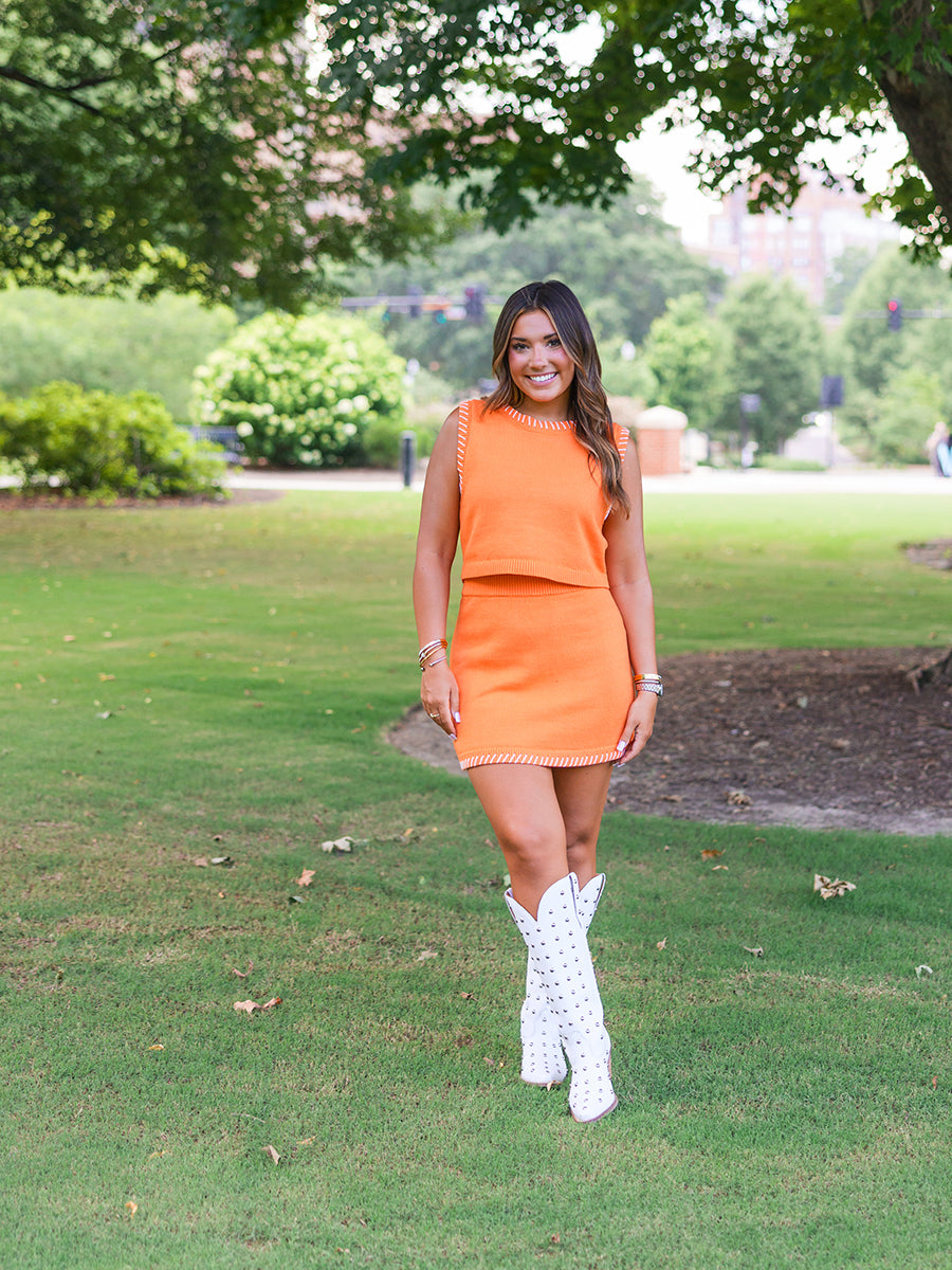 Orange Sleeveless Sweater Top and Skirt Set
