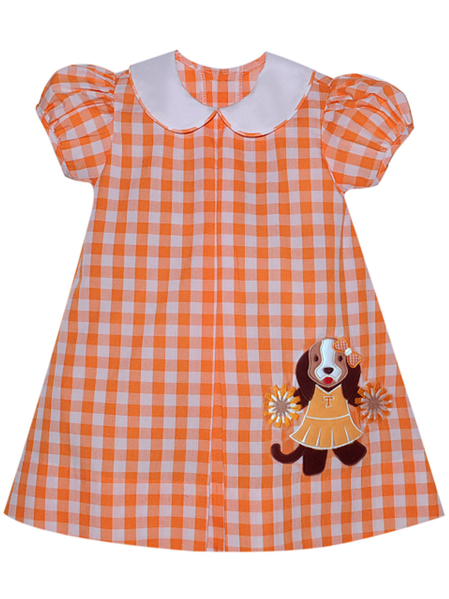Orange Gingham Dress with Dog Applique
