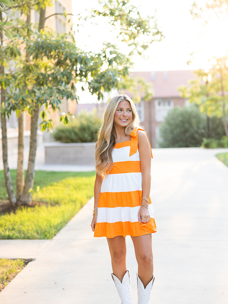 Orange & White Colorblock Mini Dress with Bow Tie Shoulders