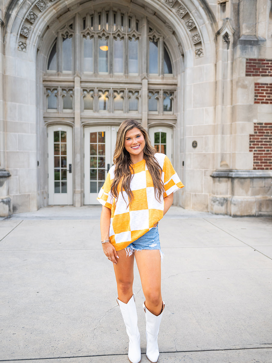 Orange and White Checkered Oversized Sweater