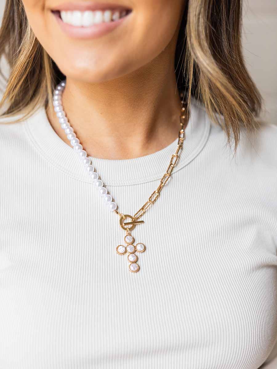 Gold and Pearl Chain Pearl Cross Necklace **Doorbuster**