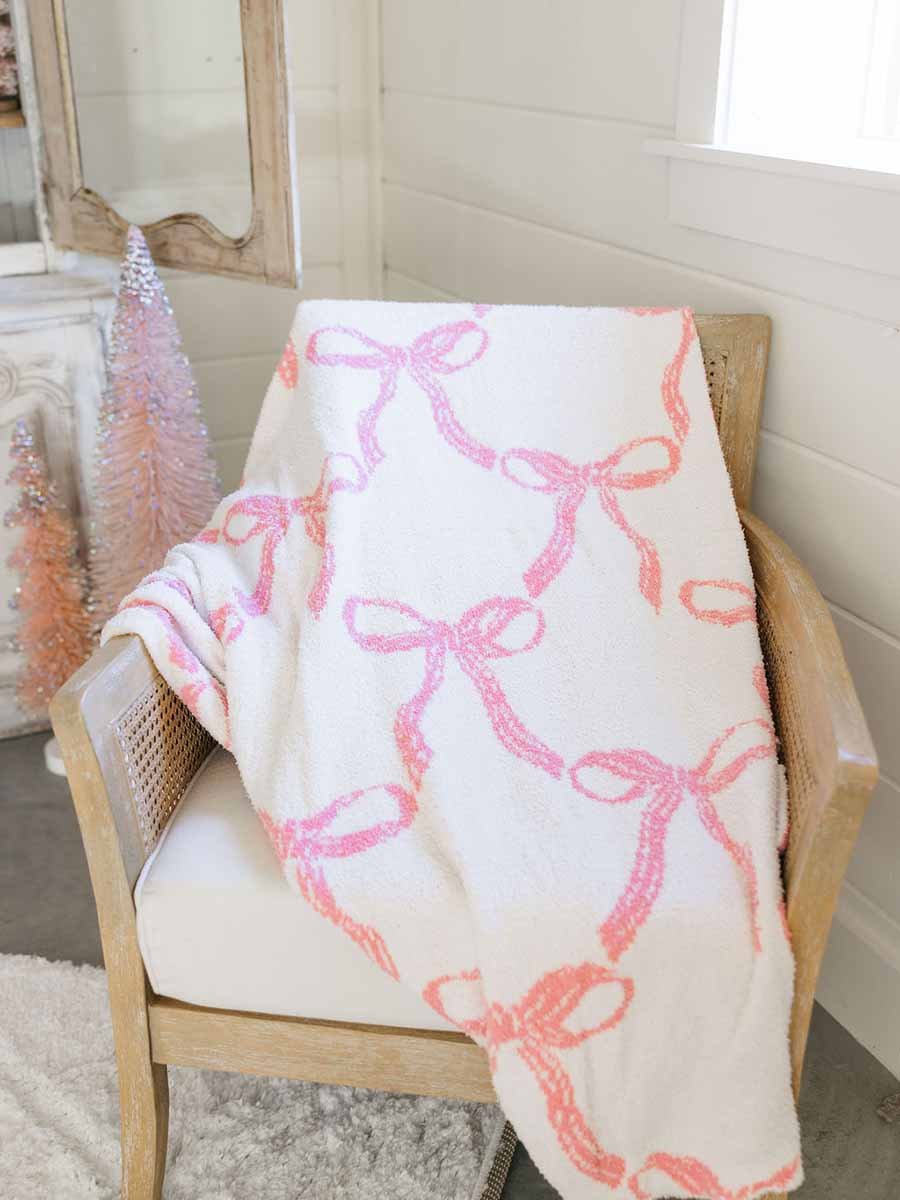 Pink Bows on White Throw Blanket