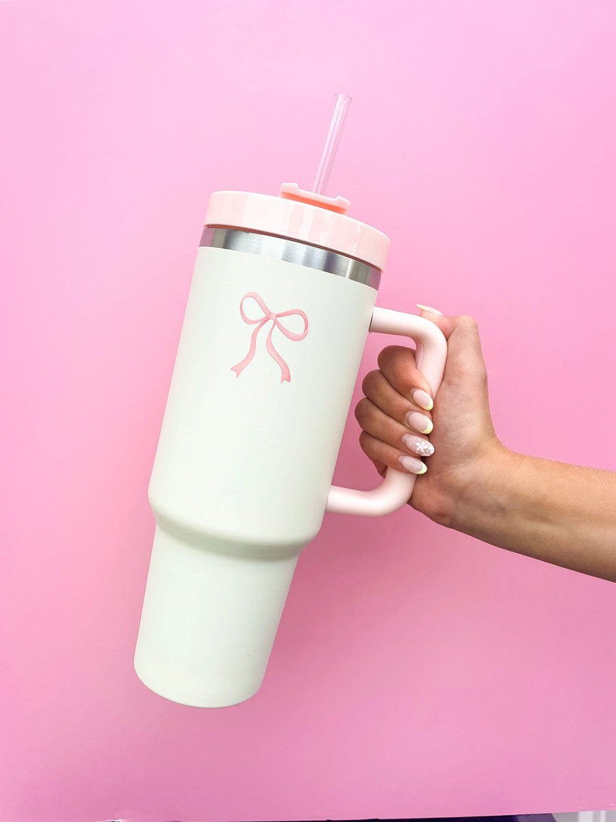 Cream with Pink Bow 40 oz. Tumbler