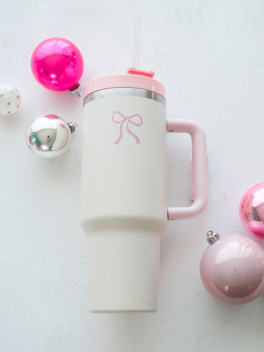 Cream with Pink Bow 40 oz. Tumbler
