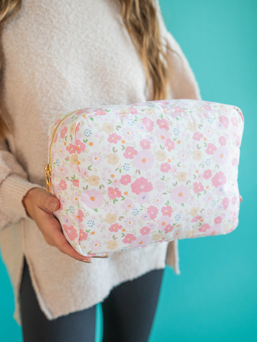 Large Pink Floral Makeup Bag