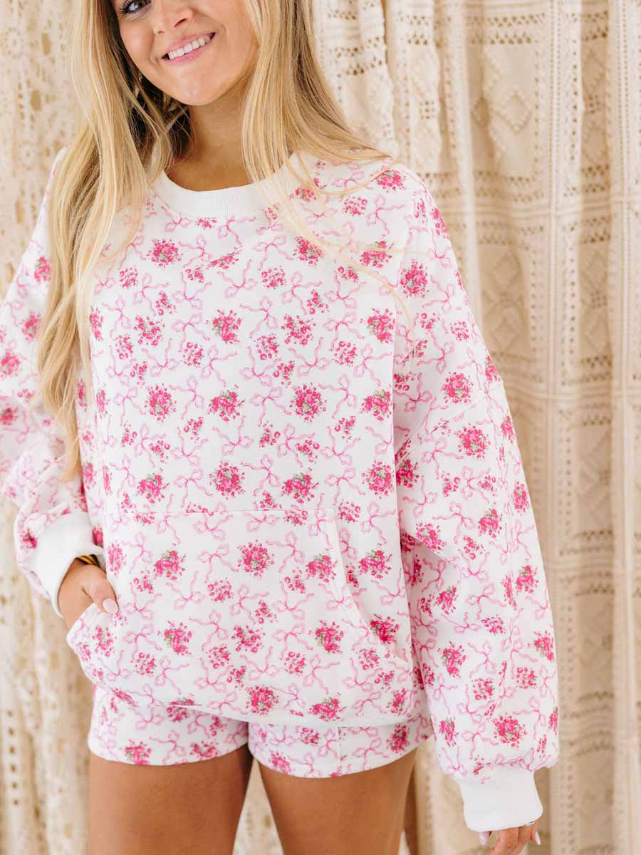 Pink Floral Terry Sweatshirt and Shorts Set