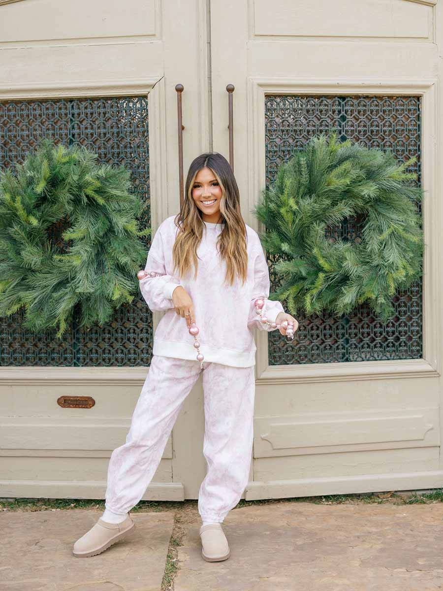 Pink Leaf Print Sweatshirt Jogger Set