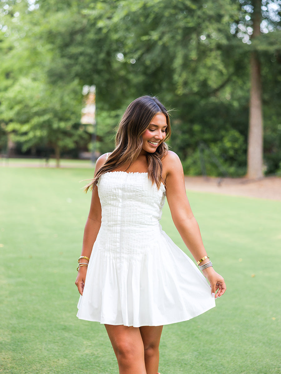 White Pleated Flared Mini Dress
