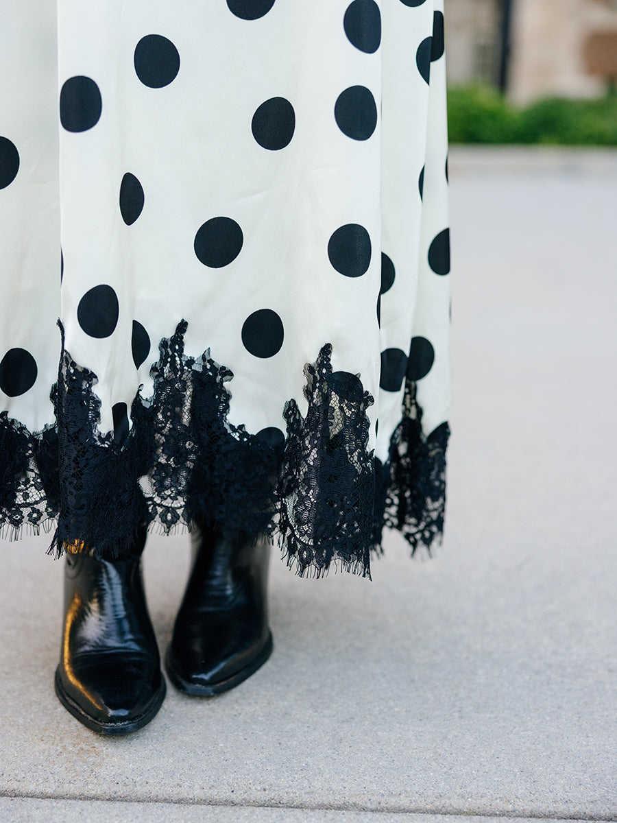 Polka Dot Lace Trim Halter Maxi Dress