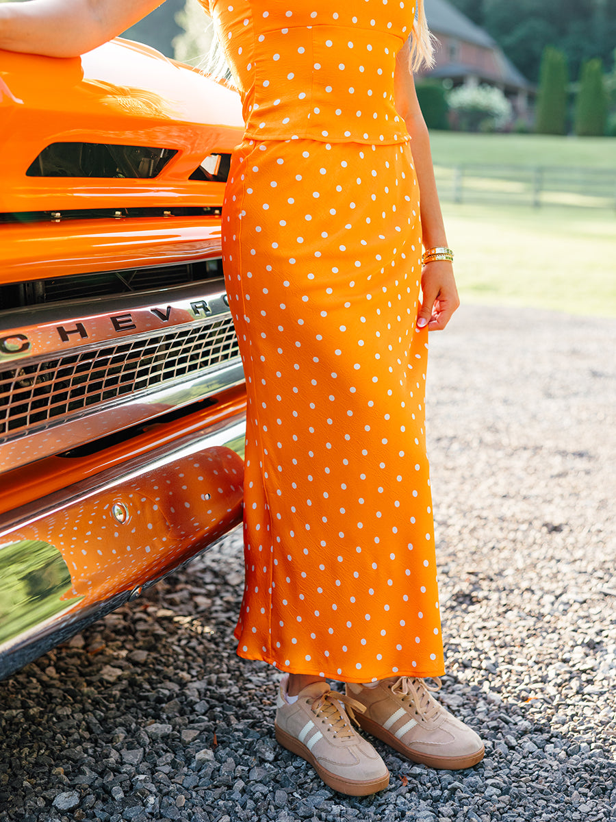 Orange and White Polka Dot Maxi Skirt
