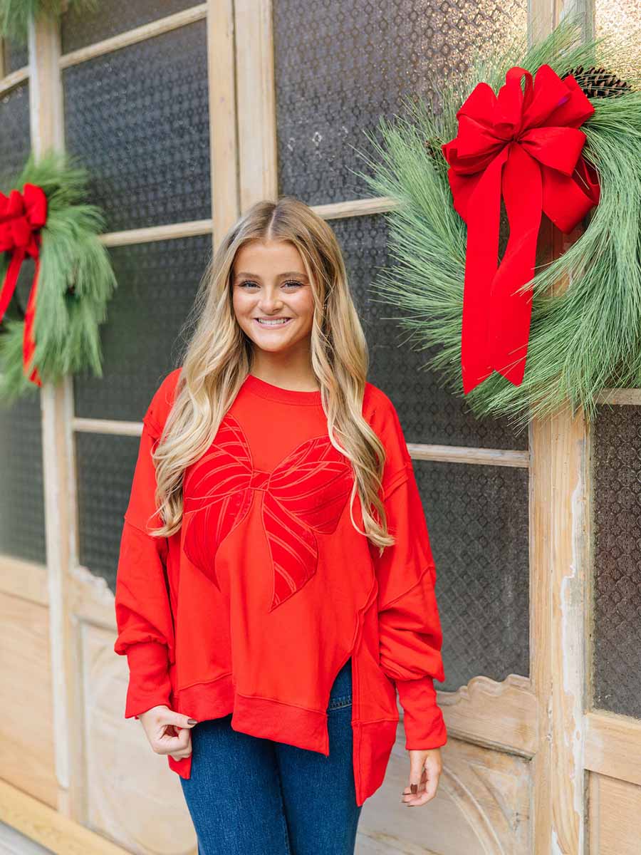 Velvet Embroidered Red Bow Sweatshirt (2 Colors)