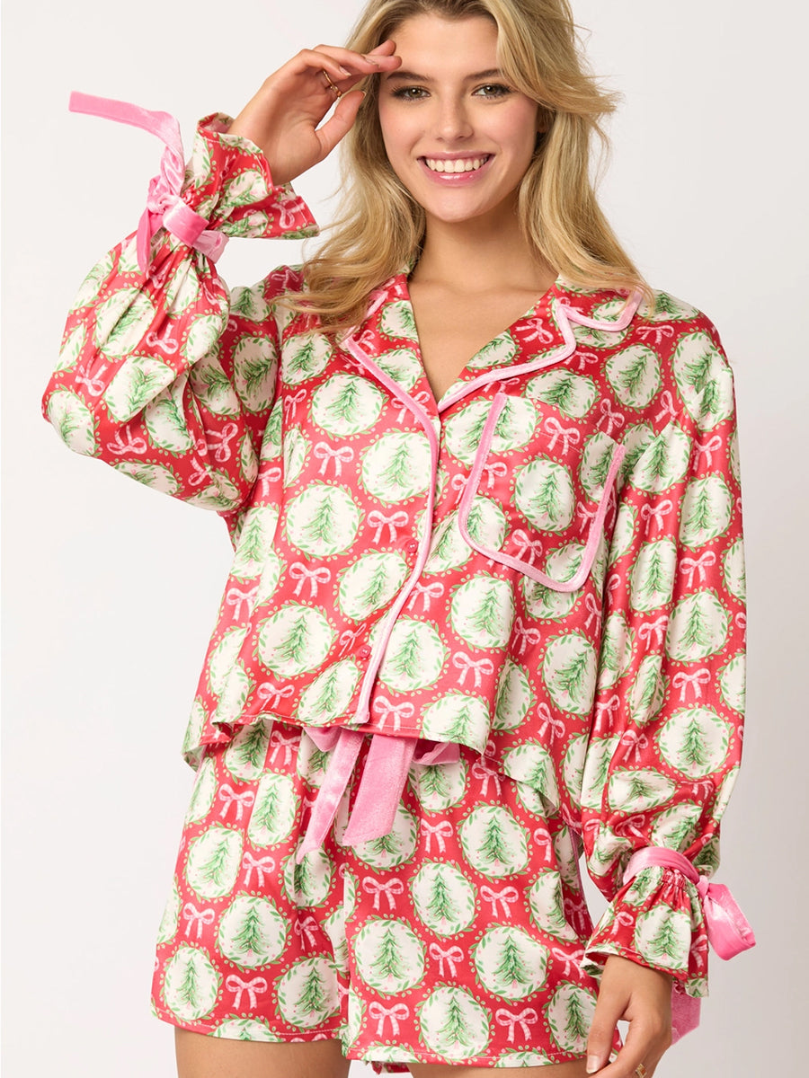 Red Satin Tree and Bow Pajama Set