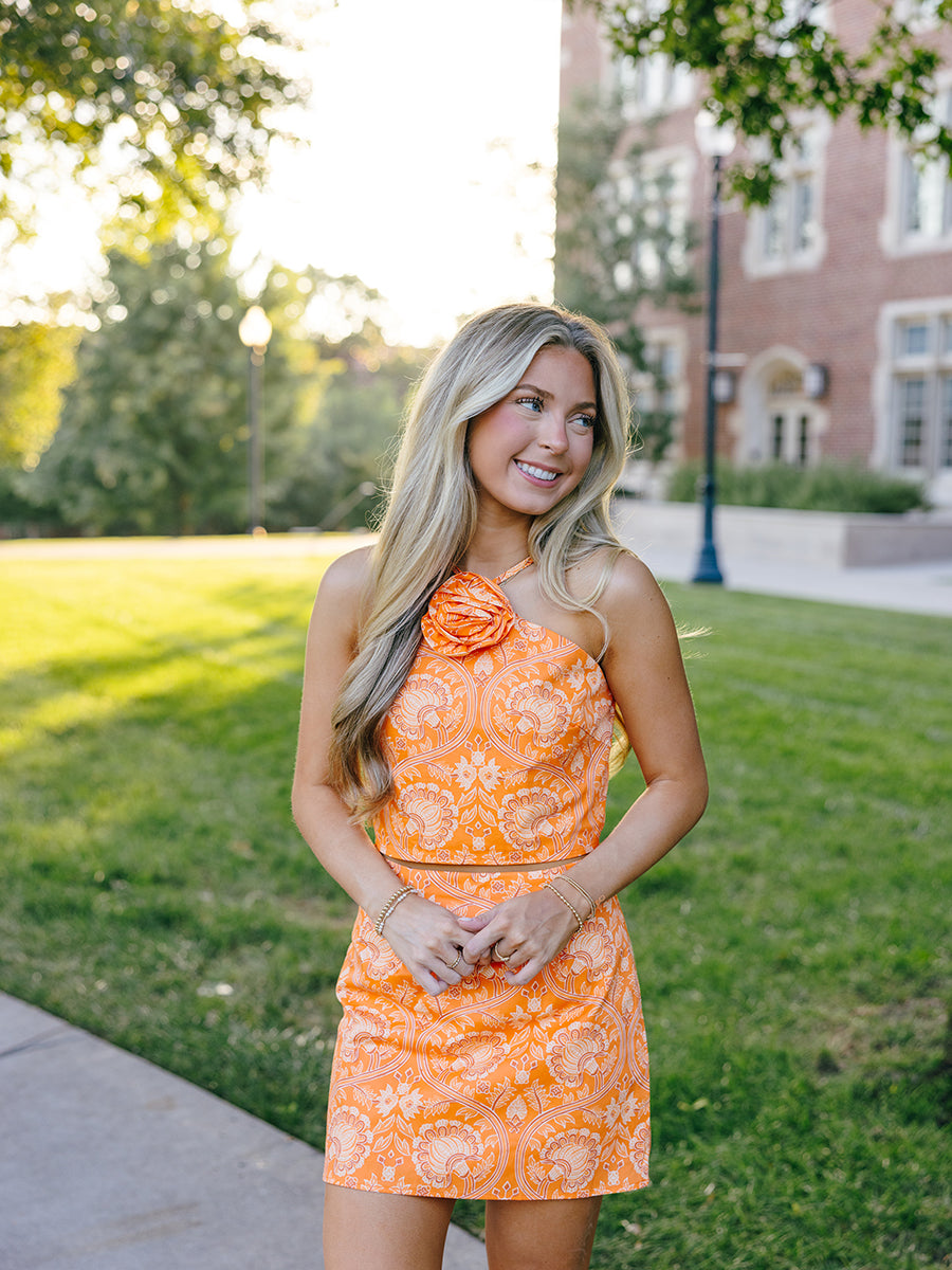 Orange Paisley Rosette Halter Crop Top