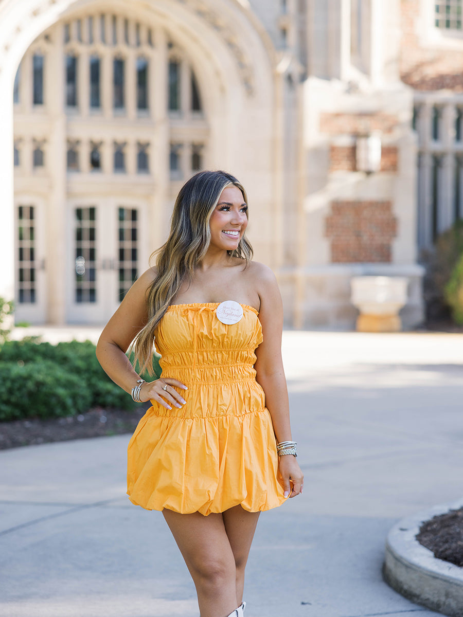Orange Smocked Strapless Dress