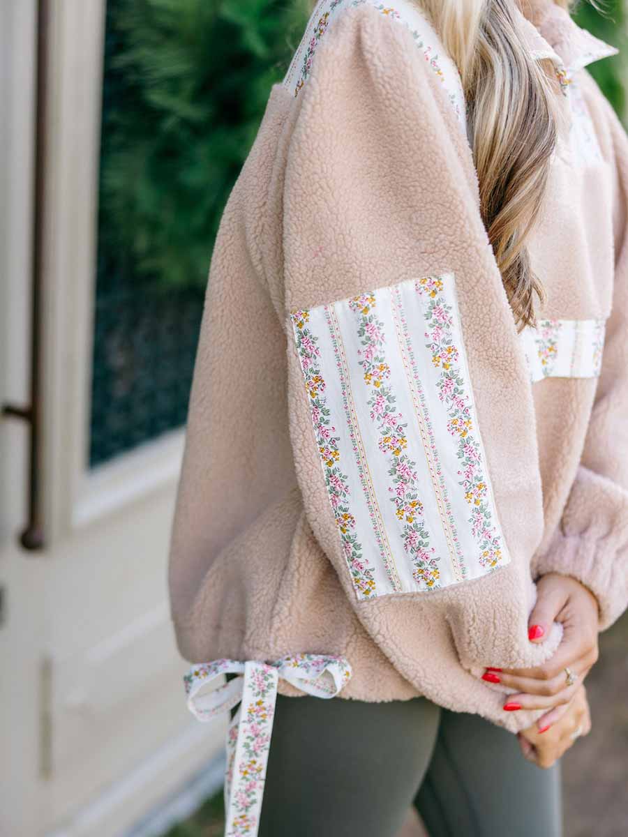 Floral Accent Taupe Sherpa Pullover **Doorbuster**